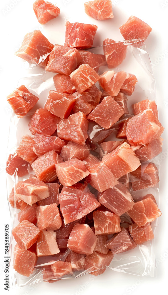 Fresh raw pork meat cubes in plastic packaging, isolated on a white background Fresh raw pork meat cubes in plastic packaging, isolated on a white background