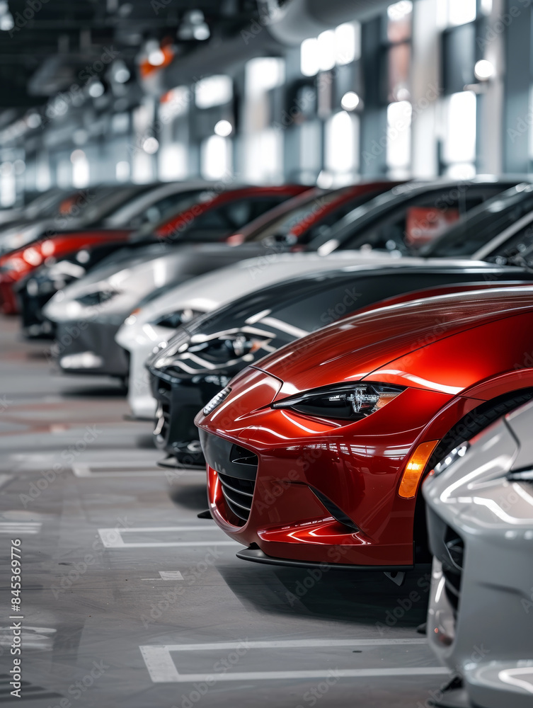 Row of new cars parked in a modern showroom with focus on a red car