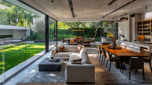  An inviting lunch room with a rustic wooden table, elegant decor, and large windows that open up to a beautiful green lawn
