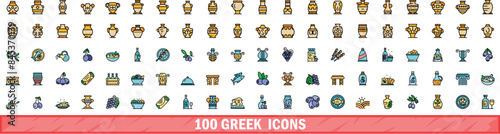 100 greek icons set. Color line set of greek vector icons thin line color flat on white