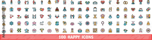 100 happy icons set. Color line set of happy vector icons thin line color flat on white
