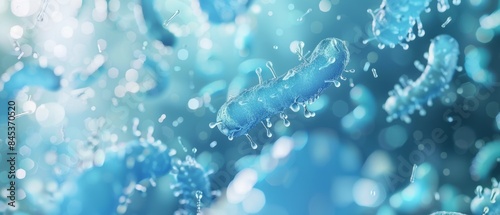 Abstract image of bacteria floating in a blue liquid with light bokeh effect photo