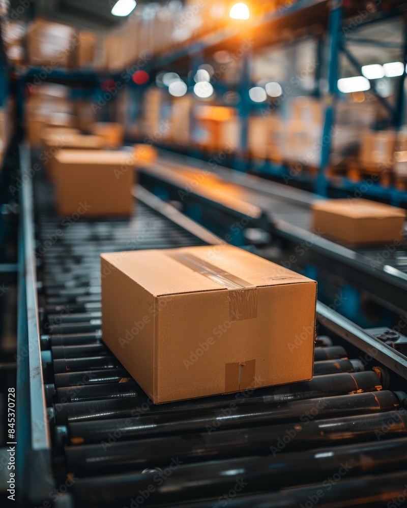 Cardboard box on conveyor belt in a distribution warehouse, focus on logistics and delivery Cardboard box on conveyor belt in a distribution warehouse, focus on logistics and delivery