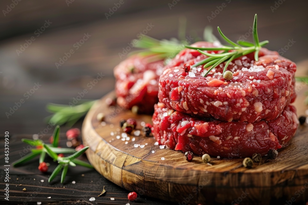 Closeup of fresh raw beef patties garnished with salt, pepper, and rosemary on a rustic wooden board. Perfect for recipes, cooking blogs, restaurant menus, or food magazines Closeup of fresh raw beef patties garnished with salt, pepper, and rosemary on a rustic wooden board. Perfect for recipes, cooking blogs, restaurant menus, or food magazines