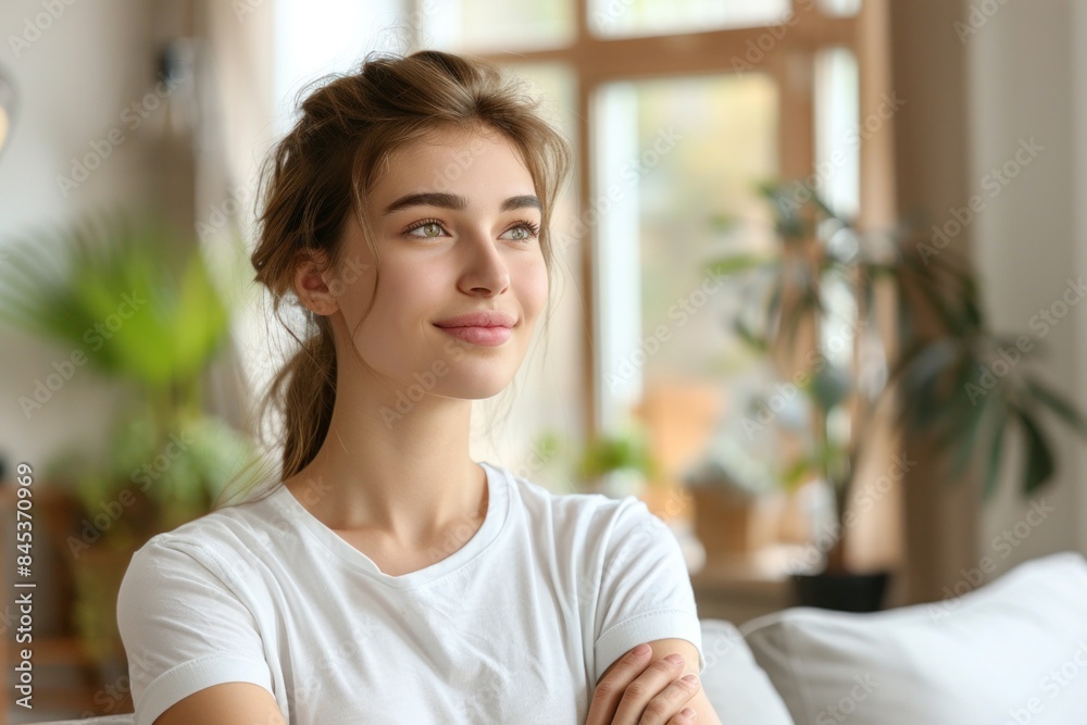 Serene young woman with a thoughtful expression sits in a bright, airy room. Natural light highlights her relaxed demeanor. Indoor plants and soft furnishings create a cozy atmosphere Serene young woman with a thoughtful expression sits in a bright, airy room. Natural light highlights her relaxed demeanor. Indoor plants and soft furnishings create a cozy atmosphere