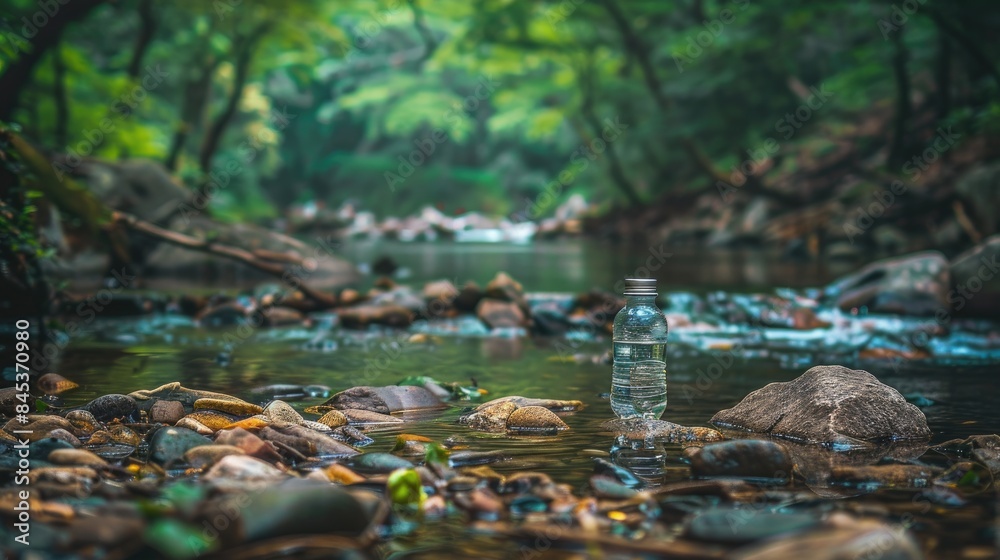 a metal water bottle adorned with carvings, resting on a rock in a forest, with blurred rocks and trees creating a serene backdrop. a metal water bottle adorned with carvings, resting on a rock in a forest, with blurred rocks and trees creating a serene backdrop.