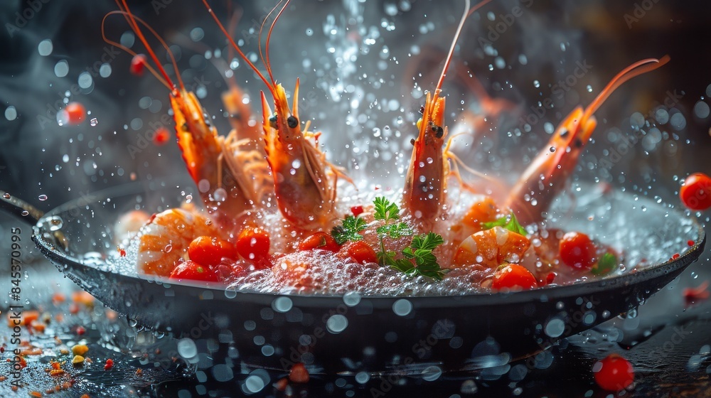 Dramatic lighting captures shrimps in a skillet with flames and splashing water for dynamic effect Dramatic lighting captures shrimps in a skillet with flames and splashing water for dynamic effect
