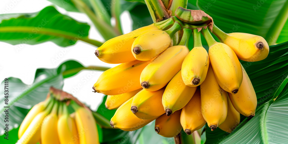 Close-up of ripe Bananas on a tree branch. Vibrant citrus fruits and green leaves convey freshness and healthy living Close-up of ripe Bananas on a tree branch. Vibrant citrus fruits and green leaves convey freshness and healthy living