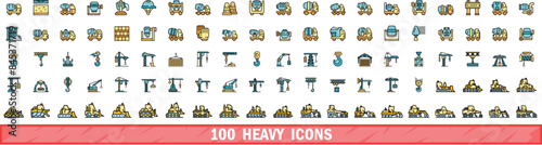 100 heavy icons set. Color line set of heavy vector icons thin line color flat on white
