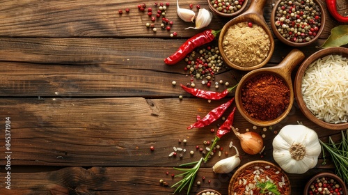 Various spices on aged wooden background. Top view with copy space. Chili onion garlic rice pepper mortar pestle spices