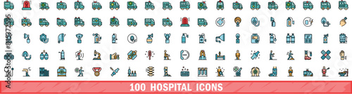 100 hospital icons set. Color line set of hospital vector icons thin line color flat on white