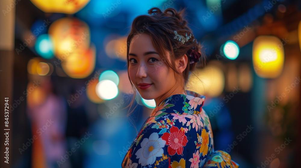 和服を着た若い女性 夕方 和服を着た若い女性 夕方