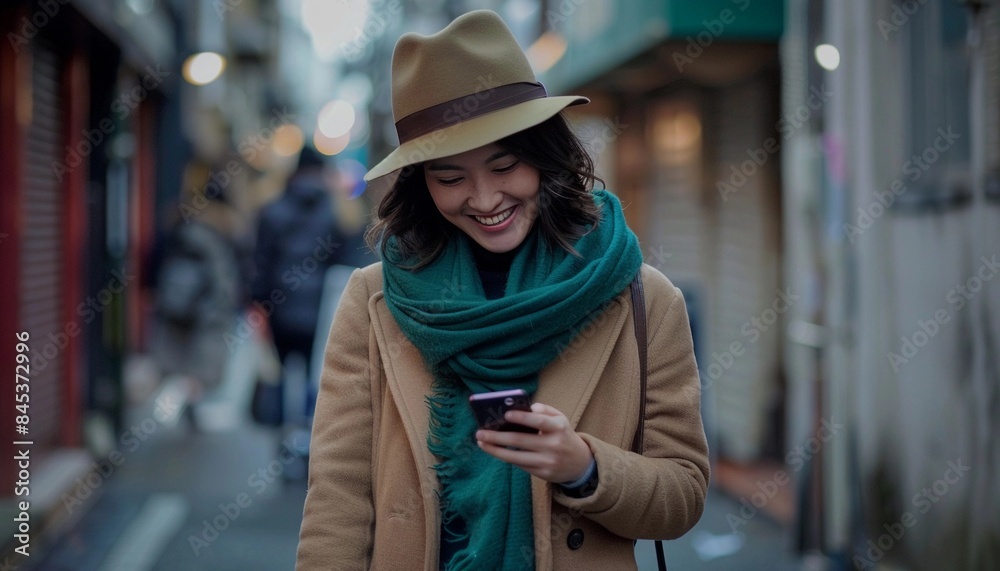 Smiling Young Woman Walking Down Busy Street, Looking at Phone
Smiling Young Woman Walking Down Busy Street, Looking at Phone