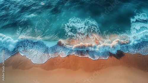 Detailed top view of foamy waves as they rush onto the sandy beach shore, showcasing natural patterns