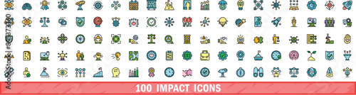 100 impact icons set. Color line set of impact vector icons thin line color flat on white