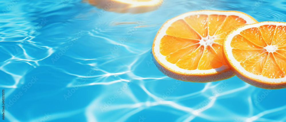 Creative summer background with orange fruit slices and swimming pool, offering ample copy space. Creative summer background with orange fruit slices and swimming pool, offering ample copy space.