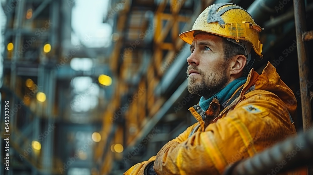 An individual in protective workwear leans on a metal structure, taking a break in an industrial environment An individual in protective workwear leans on a metal structure, taking a break in an industrial environment