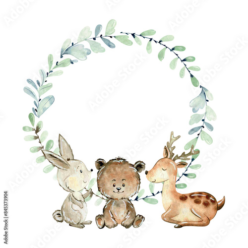 Baby shower wreath. Vector watercolor woodland card with animals.
