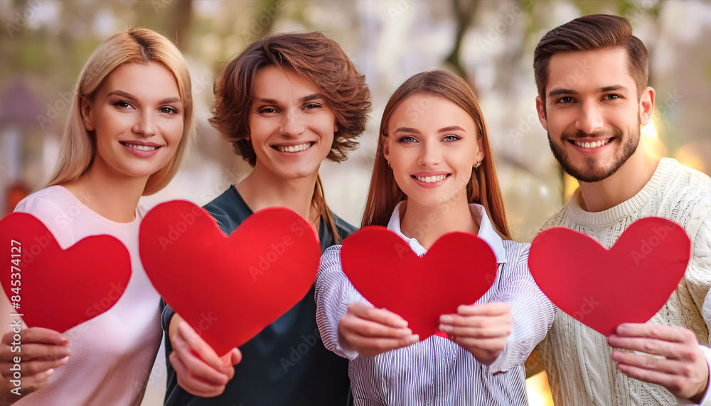 Group of Smiling Friends Holding Red Hearts Outdoors on a Sunny Day Group of Smiling Friends Holding Red Hearts Outdoors on a Sunny Day