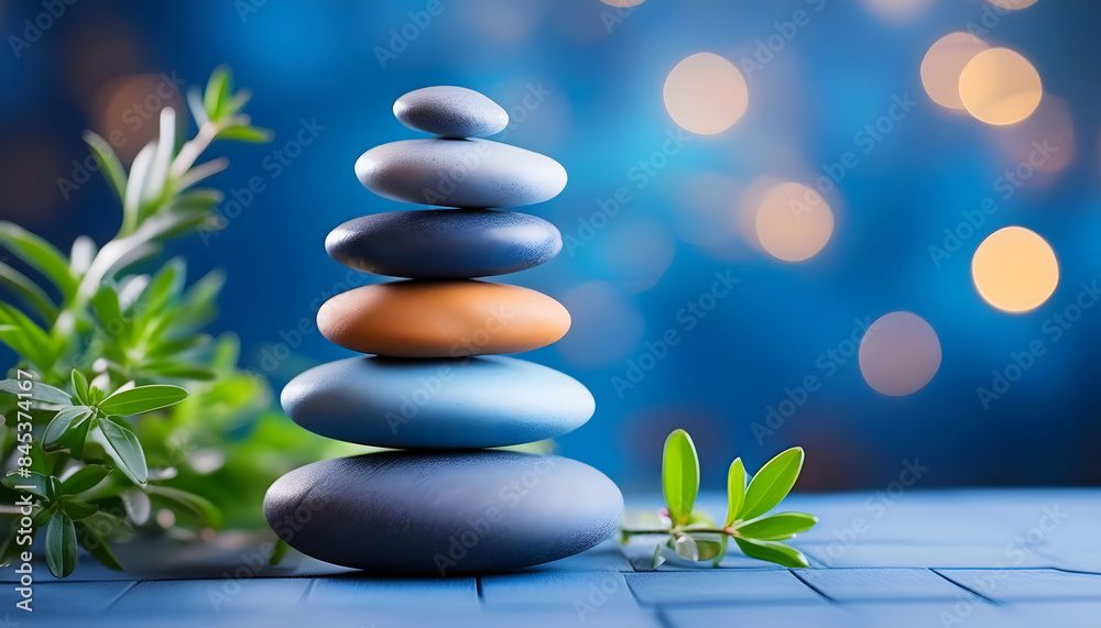 Stacked Smooth Pebbles on Blue Background With Green Greenery Stacked Smooth Pebbles on Blue Background With Green Greenery