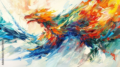 A colorful Chinese Dragon flies in the sky with white background with strong brushstrokes. Generative AI