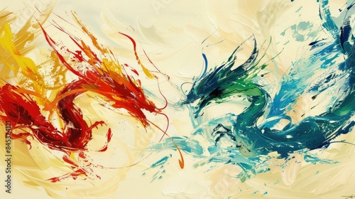 A colorful Chinese Dragon flies in the sky with white background with vibrant brushstrokes. Generative AI
