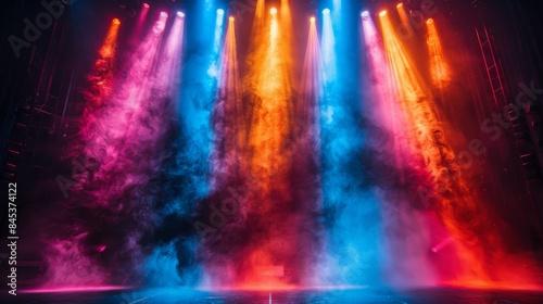 Dynamic stage lights with colorful smoke creating a dramatic atmosphere