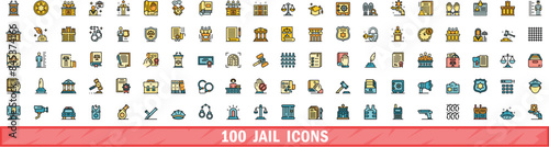 100 jail icons set. Color line set of jail vector icons thin line color flat on white