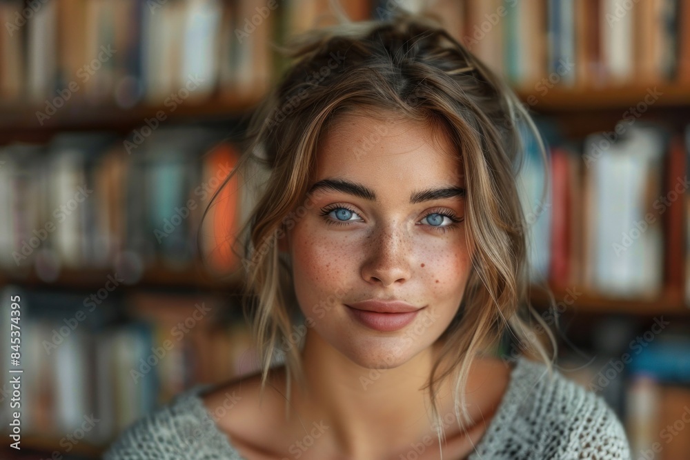 Enchanting portrait of a tranquil young woman with intricate freckles, elegant eyes, and a gentle smile, framed by a blurred background of bookshelves adorned with books Enchanting portrait of a tranquil young woman with intricate freckles, elegant eyes, and a gentle smile, framed by a blurred background of bookshelves adorned with books