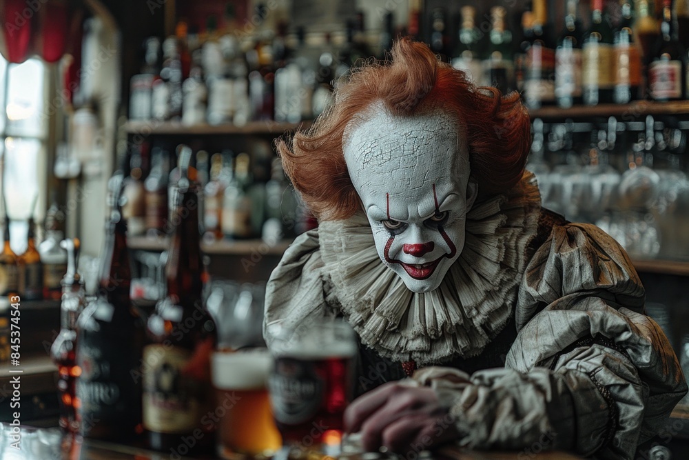 Menacing clown in full costume and makeup sits at a dark bar, surrounded by bottles, exuding a creepy vibe in a moody, thematic setting perfect for horrorinspired themes Menacing clown in full costume and makeup sits at a dark bar, surrounded by bottles, exuding a creepy vibe in a moody, thematic setting perfect for horrorinspired themes
