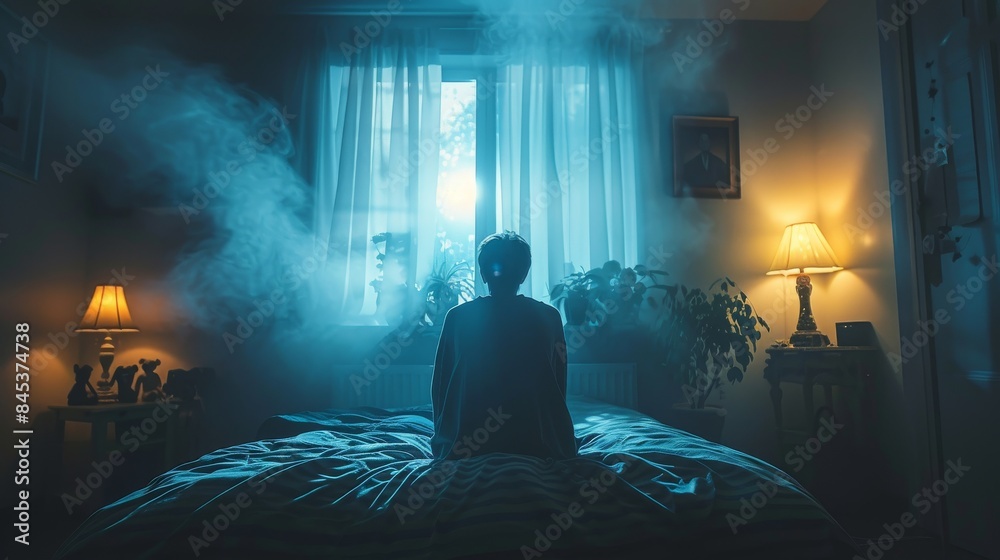 A contemplative individual sits on the edge of a bed, gazing towards a window letting in the morning light amidst a haze A contemplative individual sits on the edge of a bed, gazing towards a window letting in the morning light amidst a haze