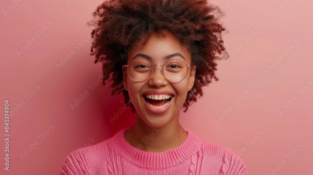 A vivacious young girl with curly hair laughing in front of a pink background