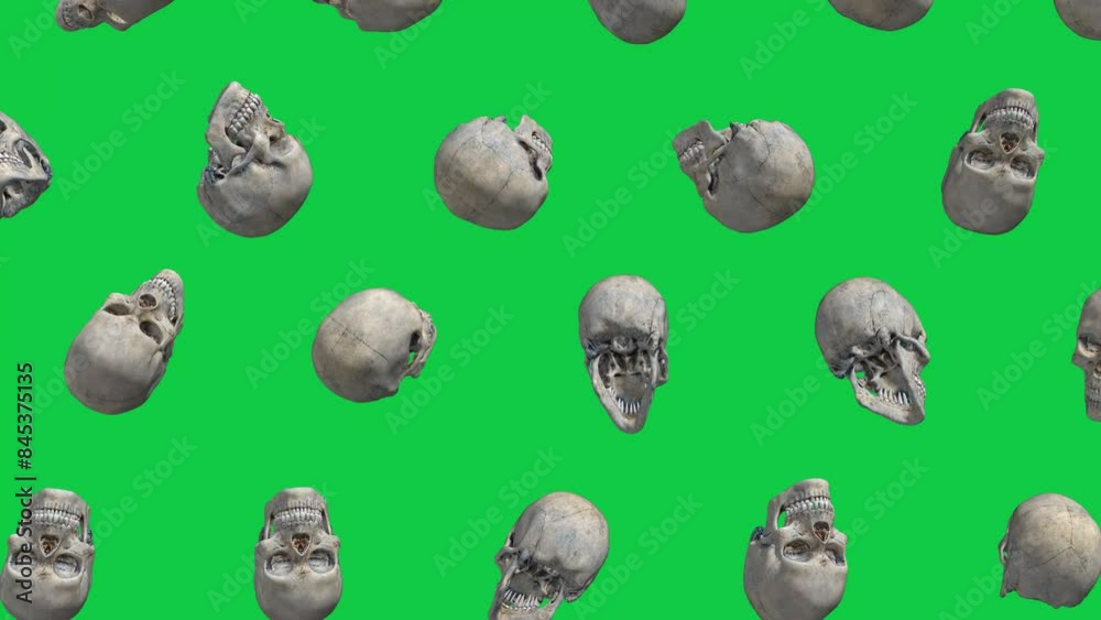 3d human skull Falling and rotating loop animation on green screen chroma key background 3d human skull Falling and rotating loop animation on green screen chroma key background