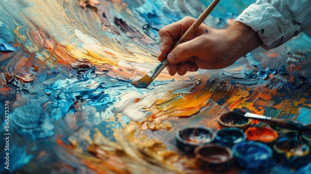 Obraz premium Detailed view of an artist's hand with a paintbrush adding vibrant colors to a canvas, amidst a creative mess