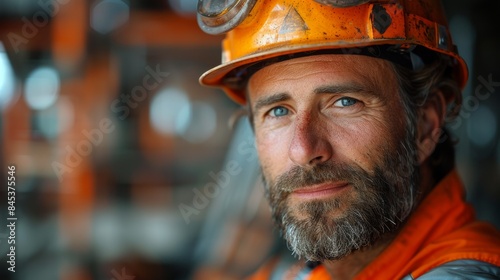 Close-up of a rugged man with a beard wearing an orange hardhat and workwear