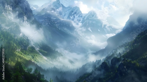 Ethereal Atmosphere Capture ethereal beauty of mistshrouded mountain landscapes evoking a sense of mystery and enchantment photo