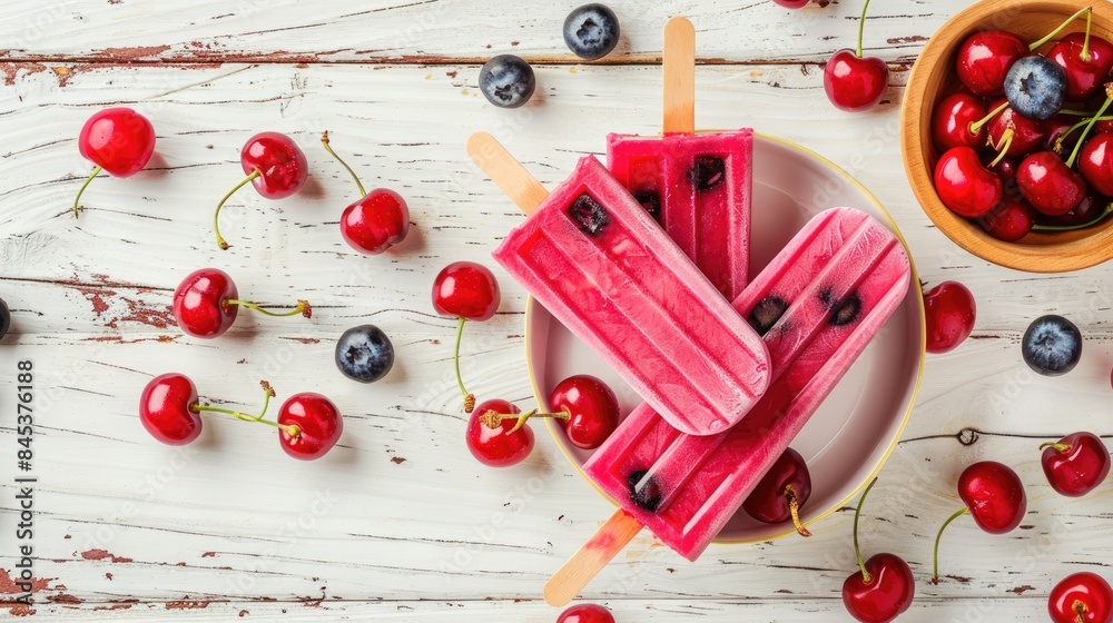 Cherry and blueberry popsicles on a white wooden background, in a flat lay with cherries in a bowl and ice cream sticks nearby. Cherry and blueberry popsicles on a white wooden background, in a flat lay with cherries in a bowl and ice cream sticks nearby.