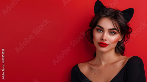 pretty smiling woman with red lipstick and cat ears isolated on red background © overrust