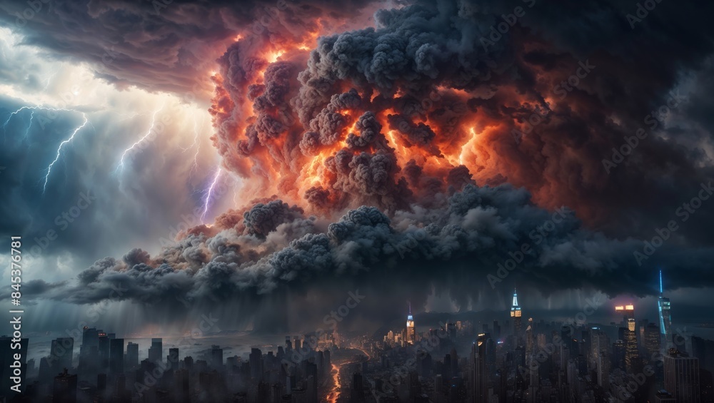 Dramatic Storm Clouds with Lightning and Fire Over a City Skyline Dramatic Storm Clouds with Lightning and Fire Over a City Skyline