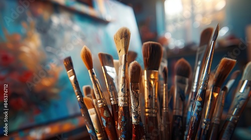 Paint brushes in an art studio