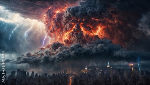 Dramatic Storm Clouds with Lightning and Fire Over a City Skyline