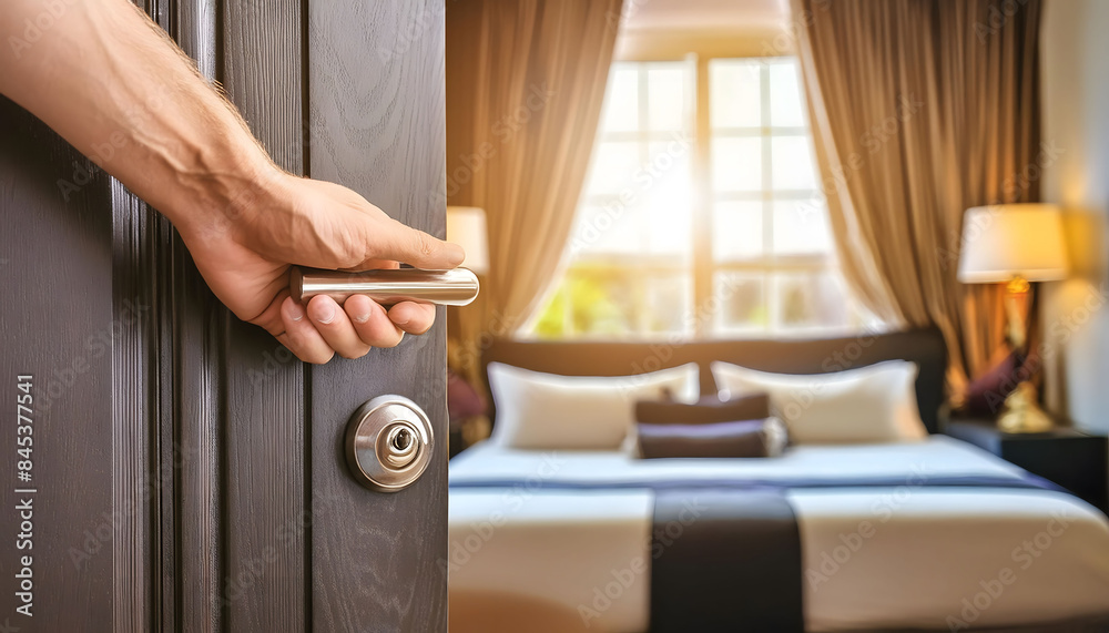 Obraz premium A Hand Opens a Door to a Luxurious Bedroom With Large Windows