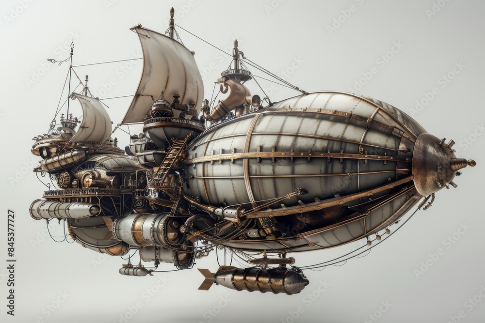Steampunk Airship Fantasy Art Featuring Large Air Balloon and Intricate Mechanical Design. Steampunk Airship Fantasy Art Featuring Large Air Balloon and Intricate Mechanical Design.