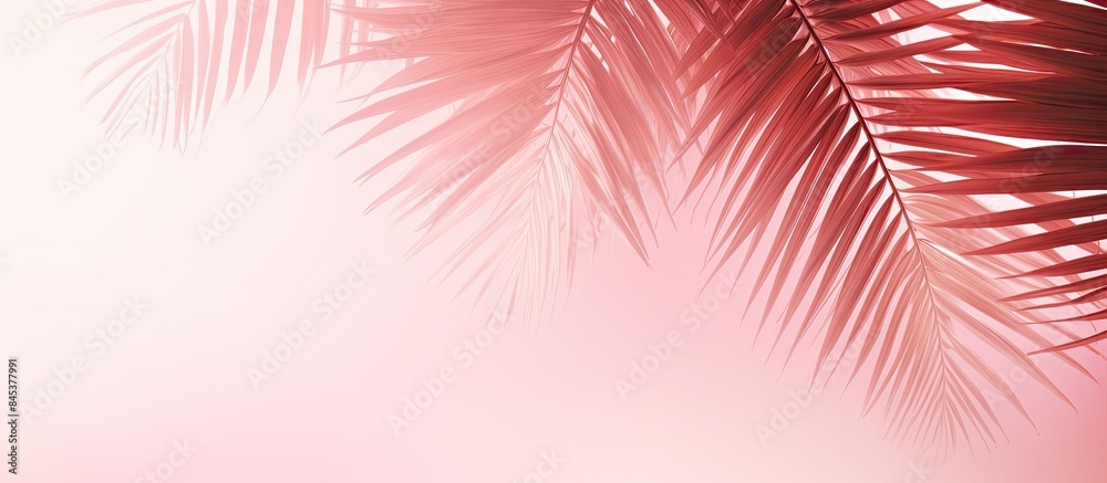 Fototapeta premium Abstract unfocused blurred pink background with palm leaves shadows Tropical summer holidays vacations concept. Creative banner. Copyspace image