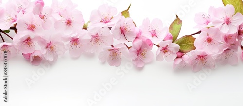 Cherry tree branch with blooming flowers over white background. Creative banner. Copyspace image