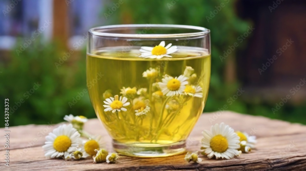 Chamomile healing tea on a wooden table of a country house. Health, alternative medicine.
Chamomile healing tea on a wooden table of a country house. Health, alternative medicine.