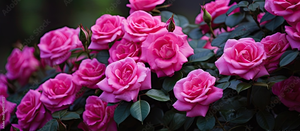 Obraz premium A cluster of pink roses in full bloom on a rose bush. Creative banner. Copyspace image