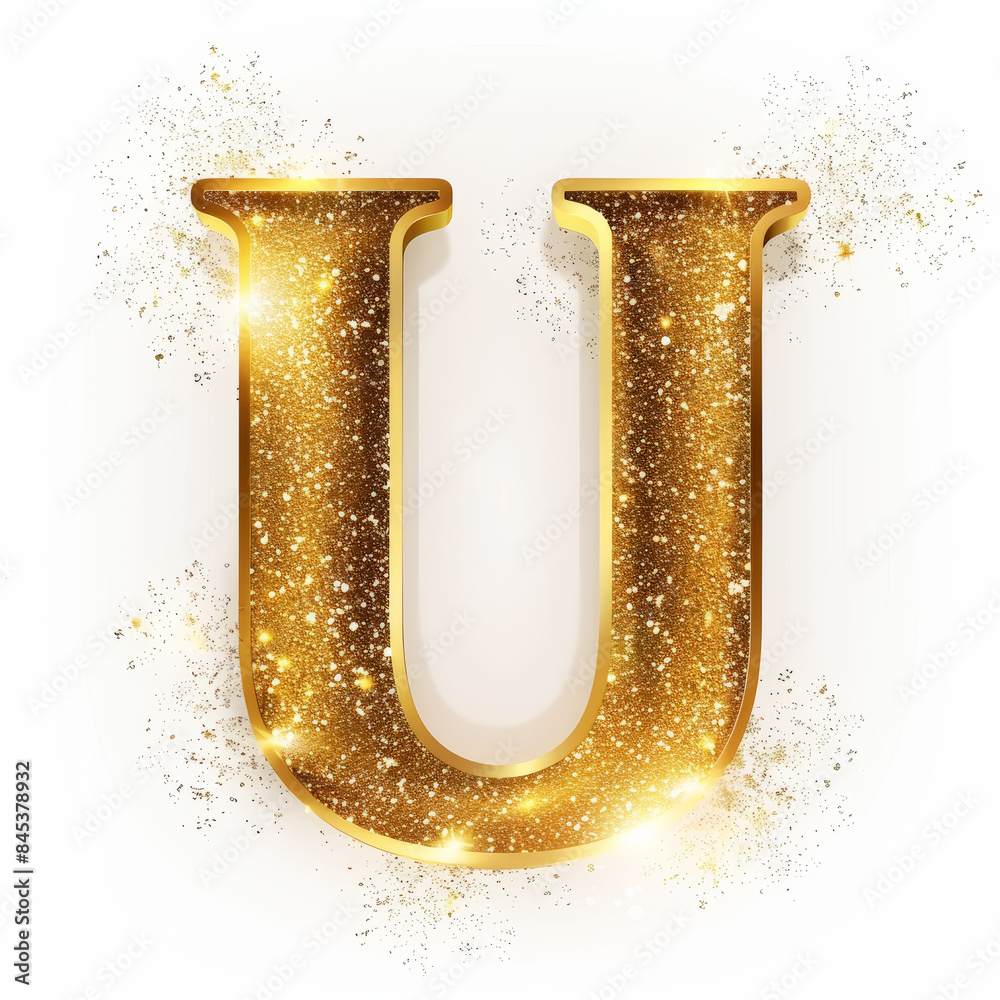 Golden glowing letter U with gold dust on white clean background. Scrapbook activity. Generative AI Golden glowing letter U with gold dust on white clean background. Scrapbook activity. Generative AI