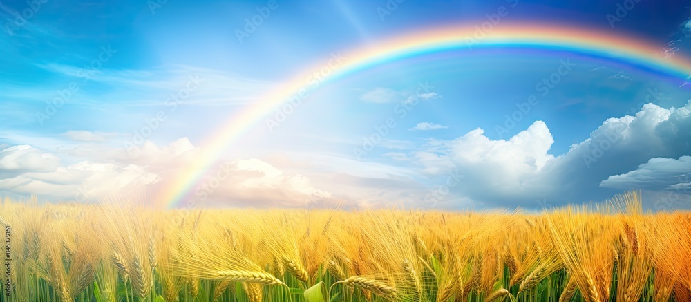 field planted with wheat and a rainbow on the sky. Creative banner. Copyspace image field planted with wheat and a rainbow on the sky. Creative banner. Copyspace image
