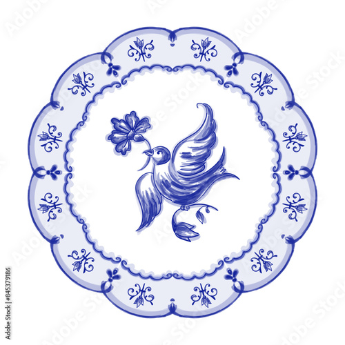 Blue and yellow ceramic pattern. Traditional tribal ornament. Capri Maiolica. Delft Blue and White	